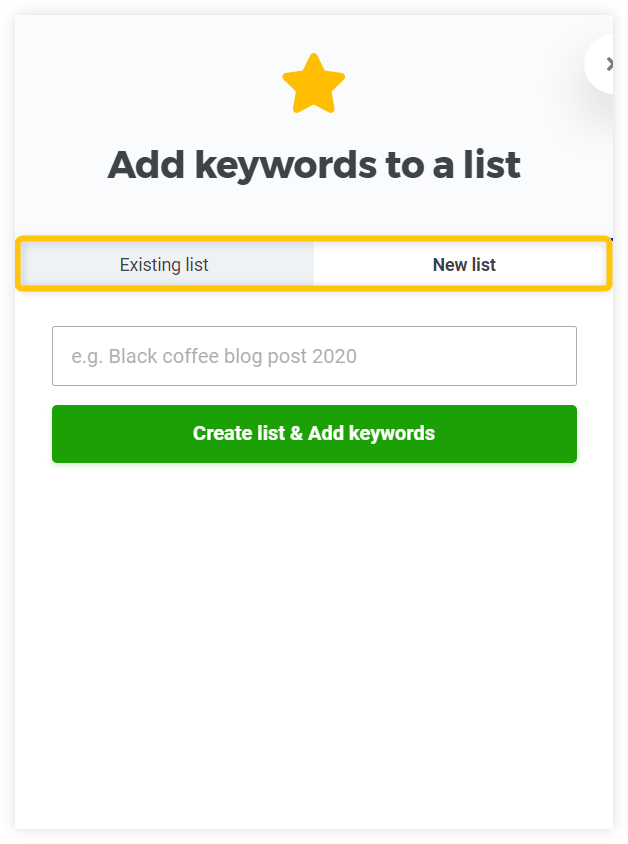 KWFinder - modal window for adding keywords into the new or existing list