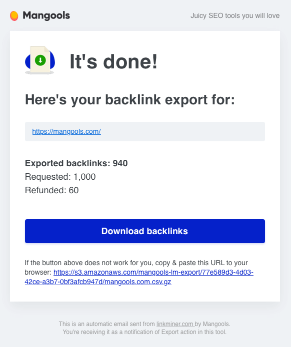 LinkMiner export finished email