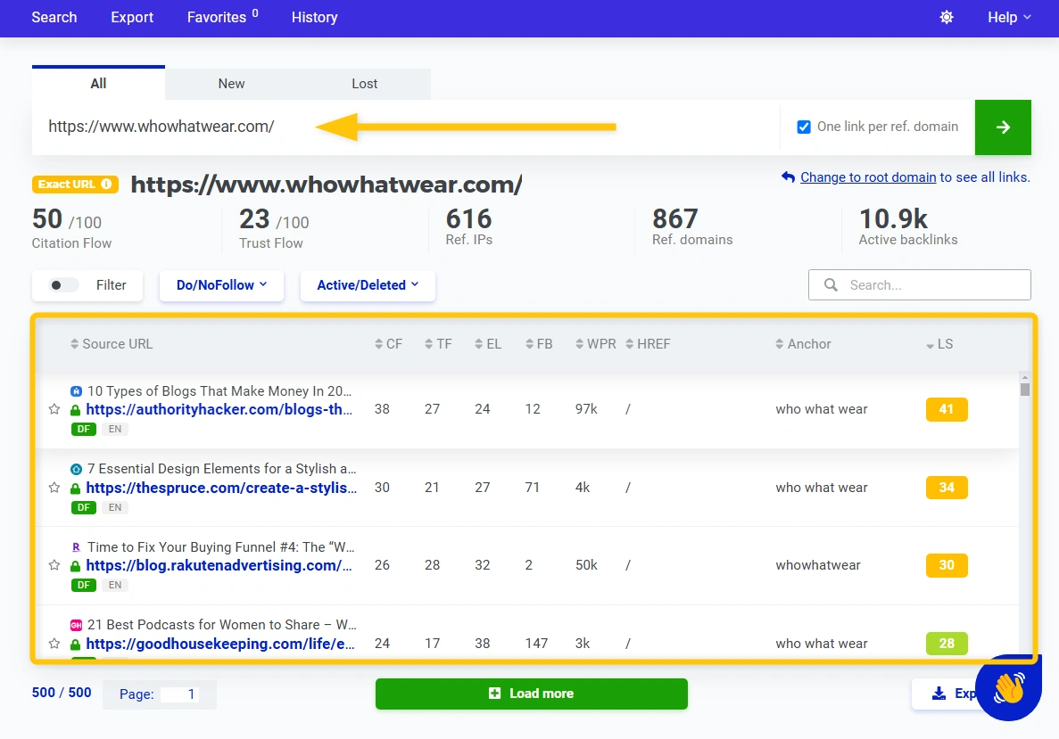 Checking backlinks in Mangools LinkMiner for the website whowhatwear.com - example