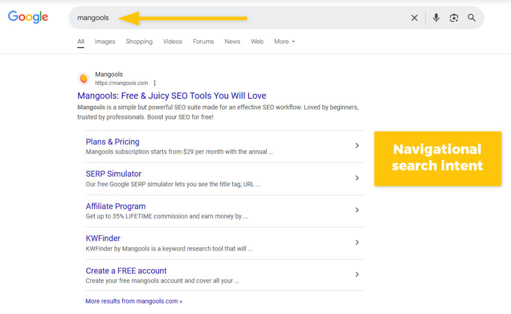 navigational search intent behind keyword - example