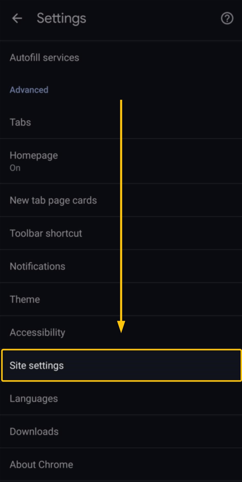 Step 2 - Scroll down and tap Site settings