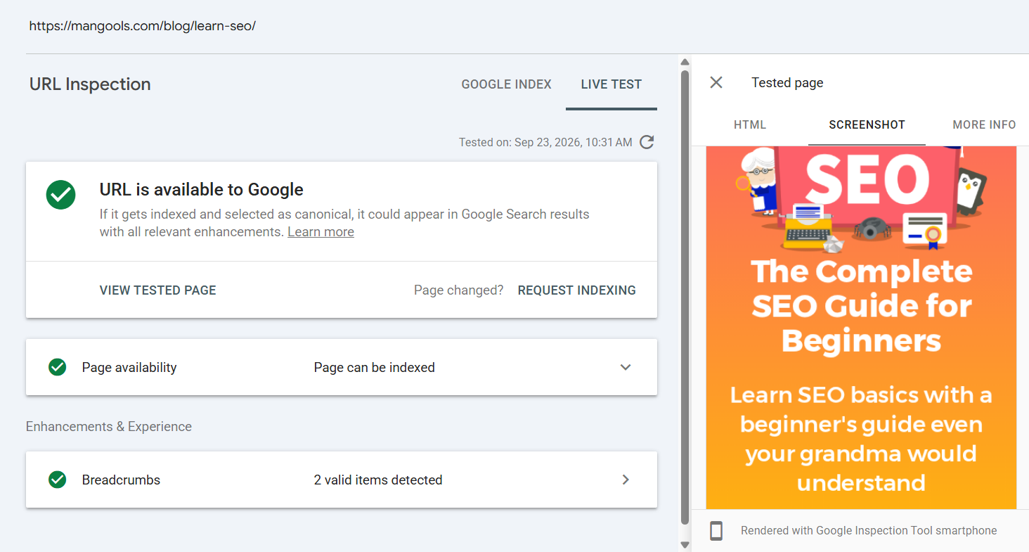 Testing mobile-friendliness in Google Search Console - example